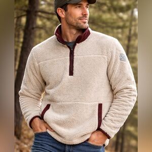 Eddie Bauer Sherpa Fleece Pullover Jacket Men’s XL Cream brown trim Quarter Zip